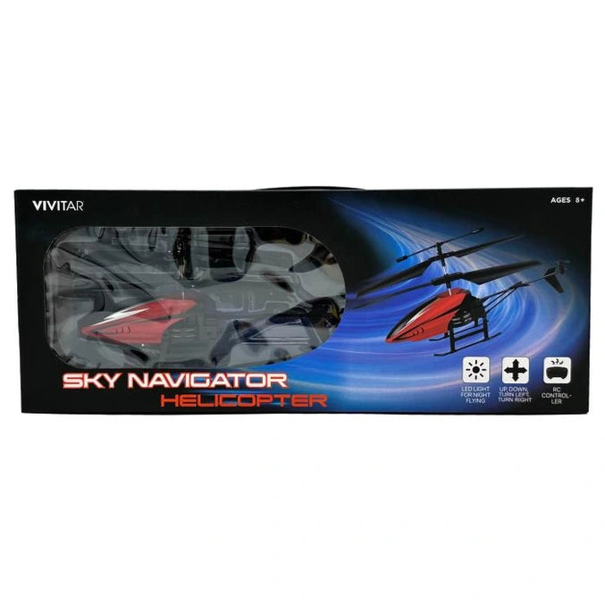 A black box with a clear plastic window displays a red and black Sky Navigator Helicopter, with product features listed on the side.